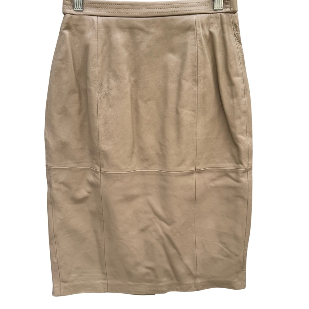 Terry Lewis Classic Luxuries Camel Leather Pencil Skirt Petite 6P Tan Midi T5011